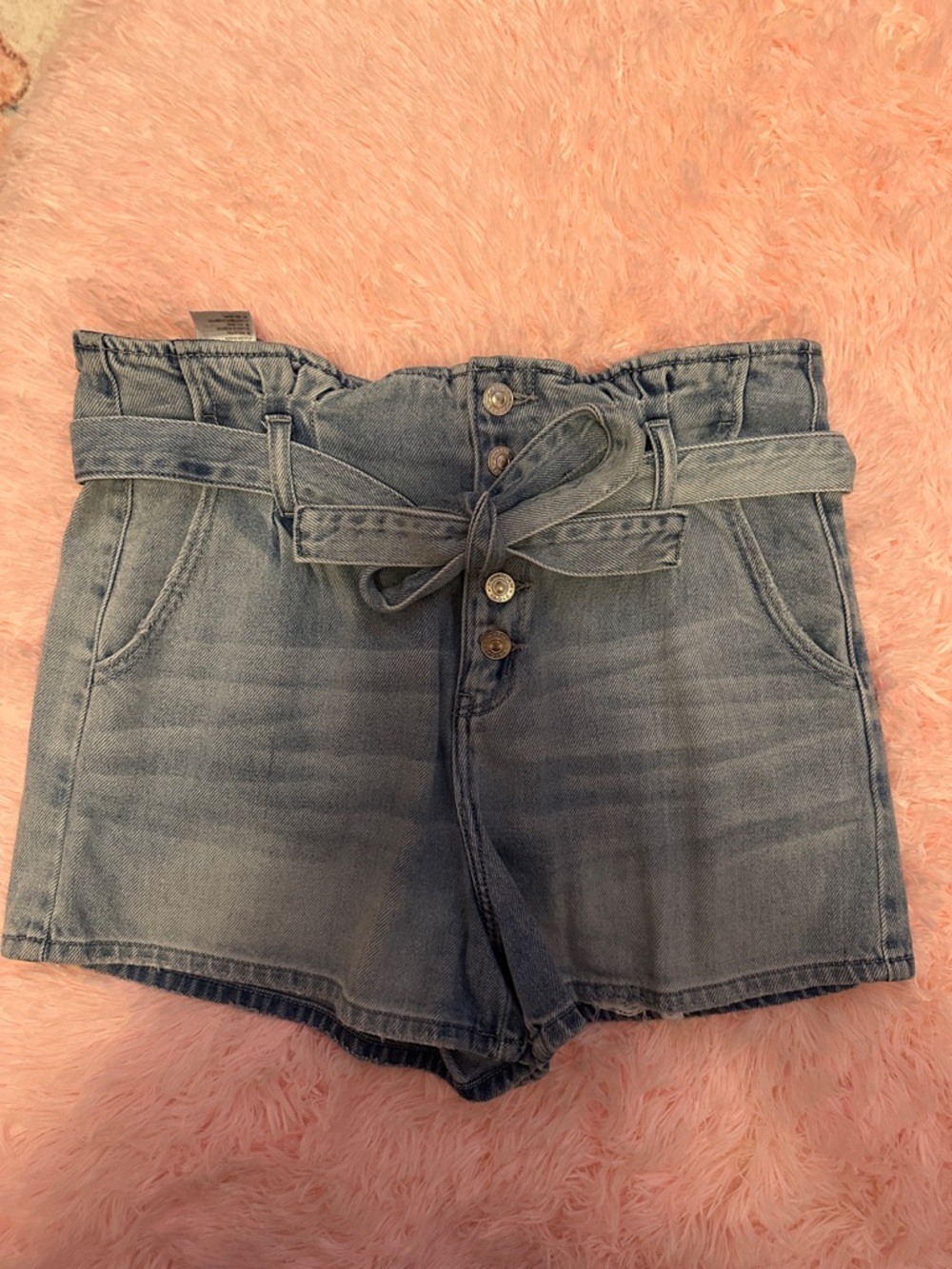 Light Wash Denim Paperbag Waist Shorts with Belt